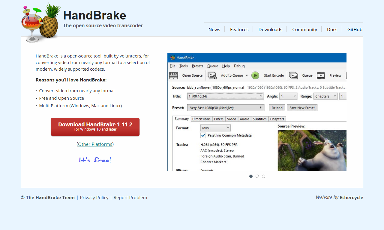 HandBrake - 免费开源视频格式转换压缩工具