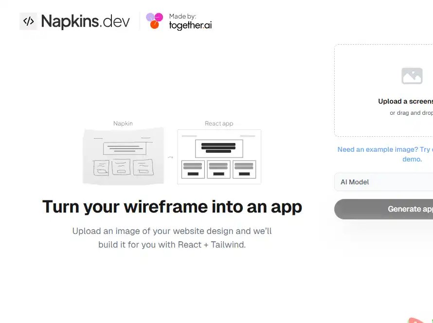 Napkins.dev-免费的免费设计截图转代码工具快速生成 React 应用界面