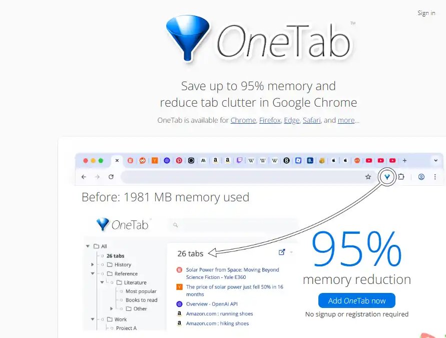 OneTab-免费标签页整理与浏览器内存管理工具平台