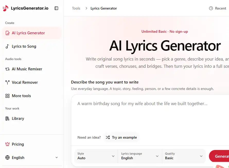 AI Lyrics Generator-好用的AI 歌词生成与个性化创作工具